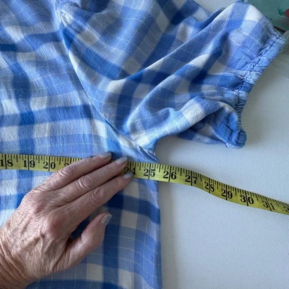 Vineyard Vines XXL Blue Checkered Button Front Short Sleeve Top Ruffle Neck Soft - Picture 11 of 12